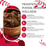 Cup of rose petals and mishri with wellness benefits text on a red and white background