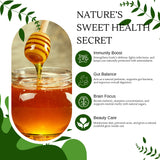 Honey being drizzled into a jar with health benefits listed on a green leafy background