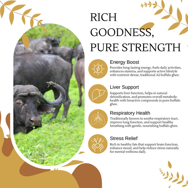 Buffalo in a natural setting with health benefits text overlay