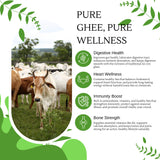 Cows grazing with health benefits of pure ghee text on a green leafy background