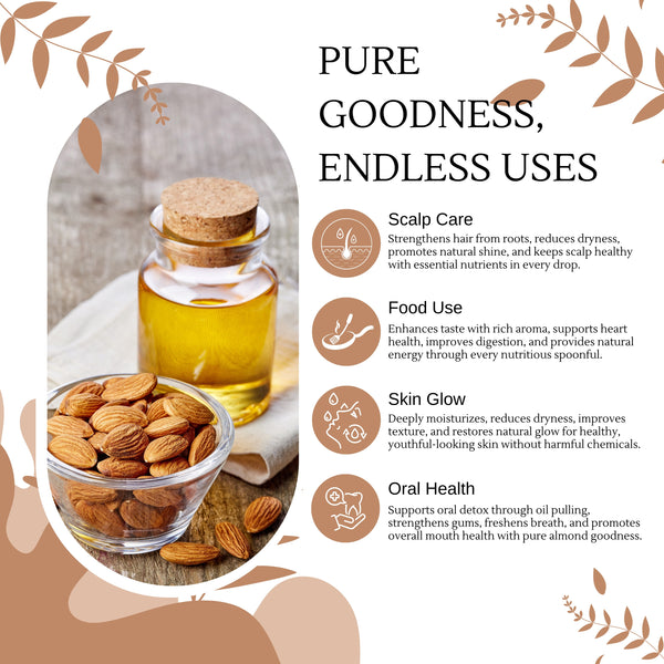 Glass bottle of oil with almonds on a wooden surface, surrounded by text about its uses.