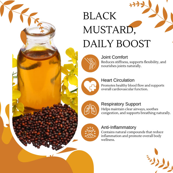 Glass bottle of black mustard oil with black mustard seeds and decorative elements on a white background.