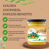 Jar of A2 Desi Cow Ghee with health benefits text on a brown background