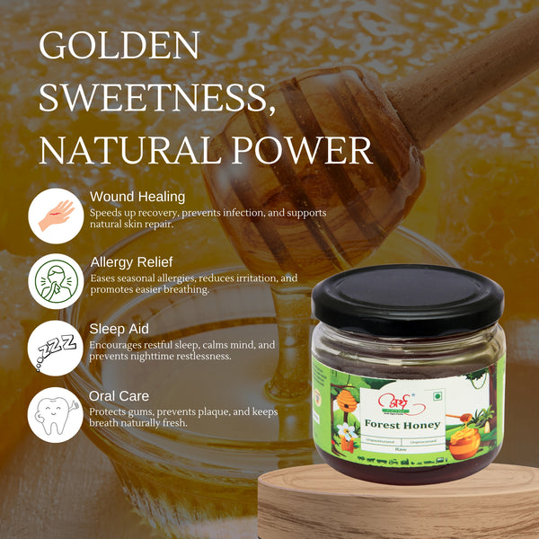 Jar of honey with honeycomb and text highlighting honey's benefits on a wooden surface.