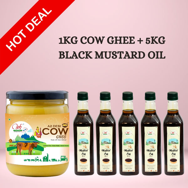 Premium A2 Desi Cow Bilona Ghee (1KG) & Wood-Pressed Black Mustard Oil (5KG) Combo
