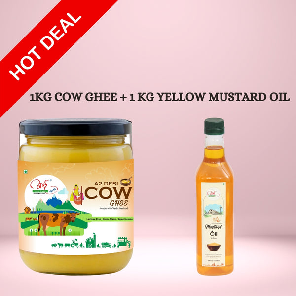 Premium A2 Desi Cow Bilona Ghee (1KG), Wood-Pressed Yellow Mustard Oil (1KG) Combo