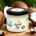 A jar of Woodpressed Coconut Oil with a label showing the brand name, coconut pieces, and oil pulling benefits