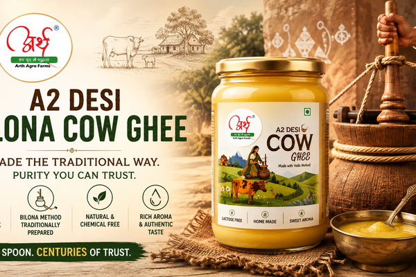 **Alt text:**  Arth A2 Desi Cow Bilona Ghee in a glass jar, highlighting traditional Indian Bilona preparation and authentic desi cow ghee.