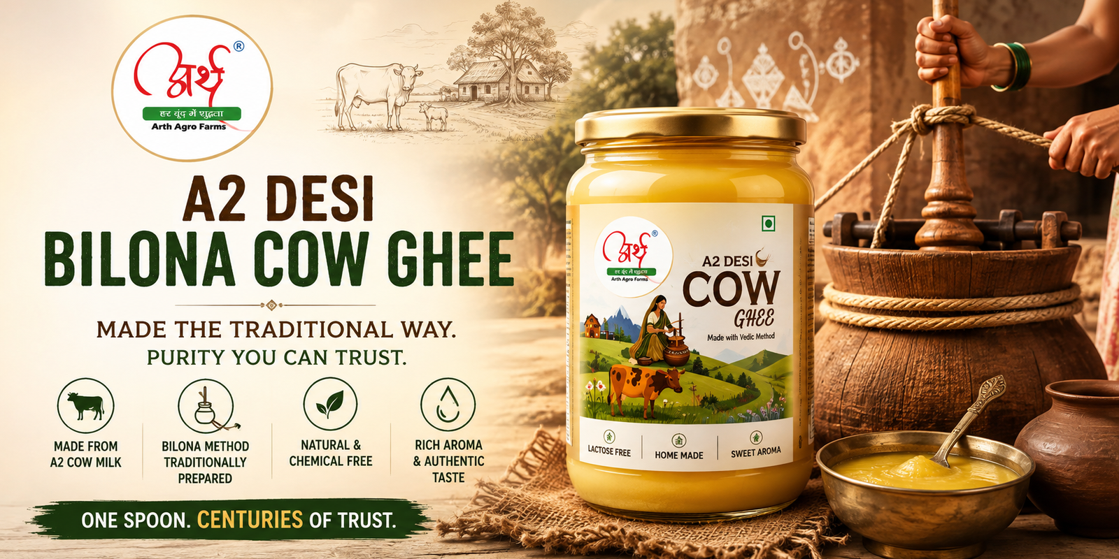**Alt text:**  Arth A2 Desi Cow Bilona Ghee in a glass jar, highlighting traditional Indian Bilona preparation and authentic desi cow ghee.