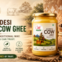 **Alt text:**  Arth A2 Desi Cow Bilona Ghee in a glass jar, highlighting traditional Indian Bilona preparation and authentic desi cow ghee.