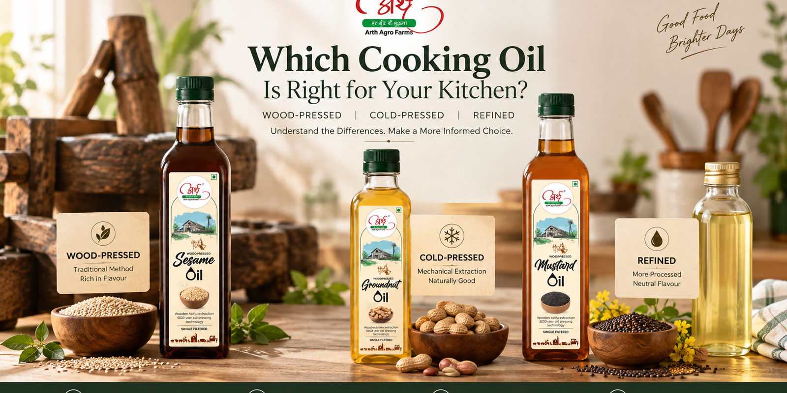Wood-pressed, cold-pressed and refined cooking oils comparison
