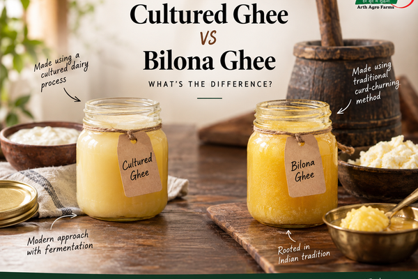 Cultured ghee vs Bilona ghee comparison showing traditional curd-churning and cultured dairy preparation methods