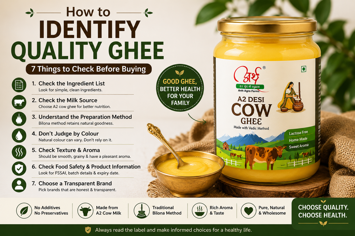How to identify quality ghee by checking ingredients milk source Bilona method and packaging