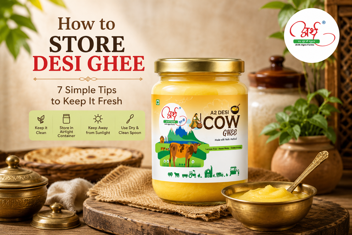 Desi ghee stored in a clean airtight container in a traditional Indian kitchen