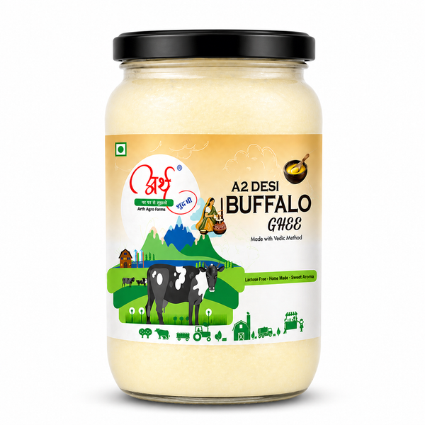 Jar of A2 Desi Buffalo Ghee with a colorful label on a white background