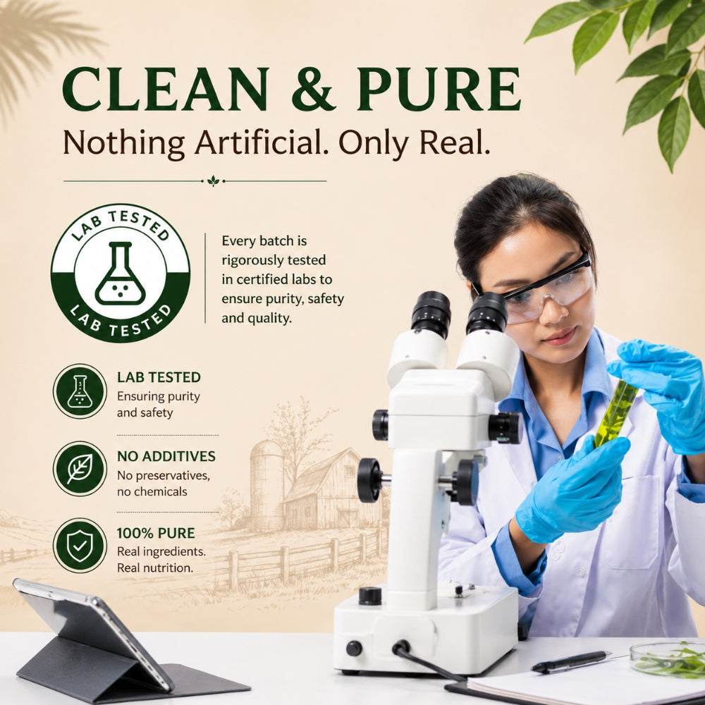 Person in lab coat and goggles holding a leaf next to a microscope with text about product purity.