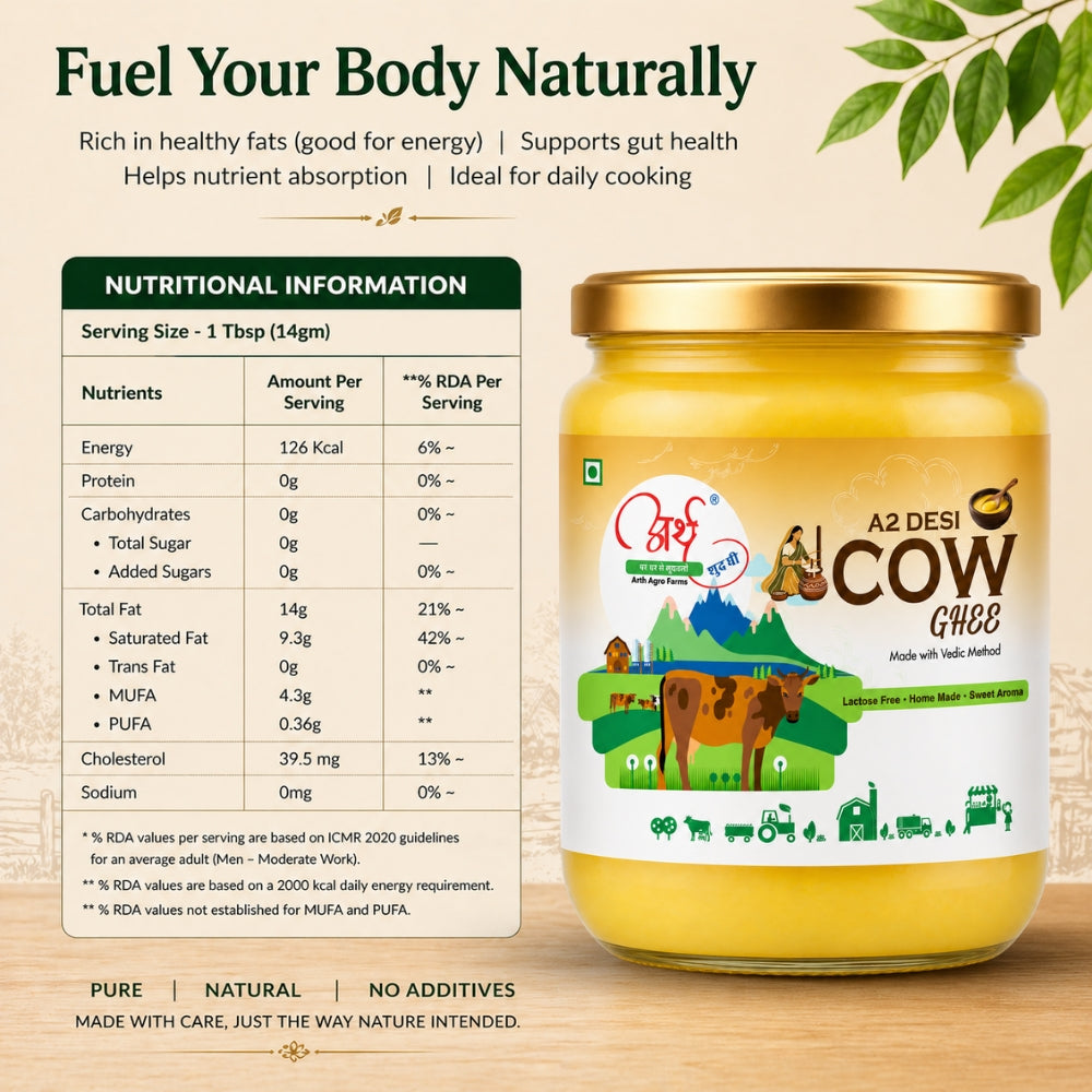 Jar of ghee with nutritional information on a wooden surface