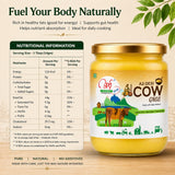Jar of ghee with nutritional information on a wooden surface