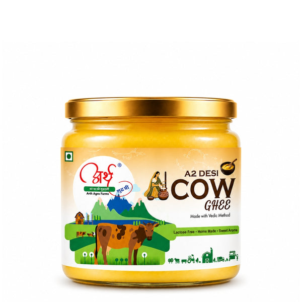 Jar of A2 Desi Cow Ghee with a gold lid on a white background