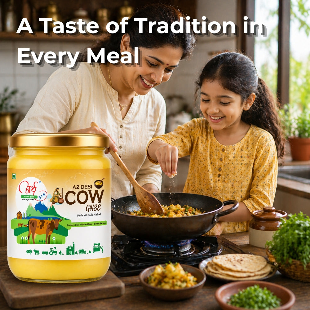 Woman and child cooking together with a jar of A2 Desi Cow Ghee in the foreground.