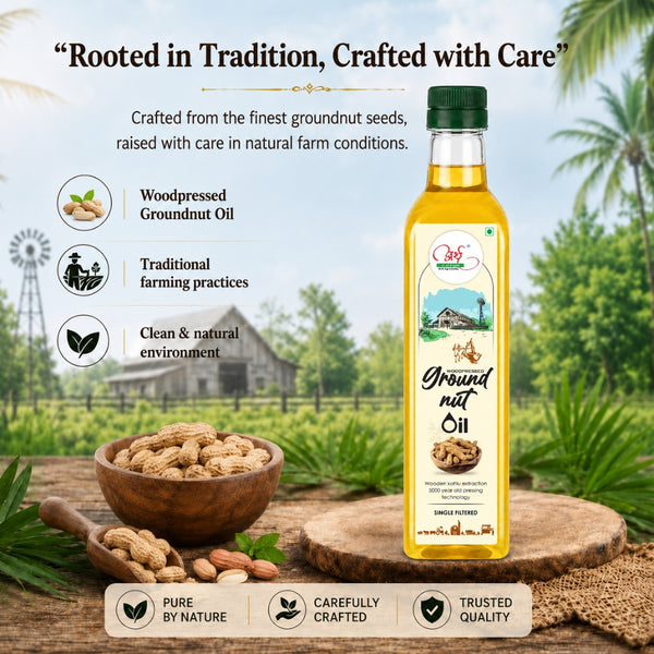 Bottle of groundnut oil with a scenic background featuring a windmill and trees.