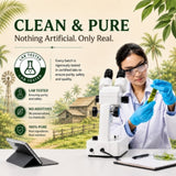Person in a lab coat using a microscope with a scenic background and text about product purity.