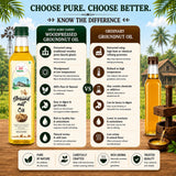 Comparison chart between Arth Agro Farms woodpressed groundnut oil and ordinary groundnut oil on a wooden surface with a scenic background.