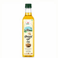 Bottle of groundnut oil with a green cap on a white background
