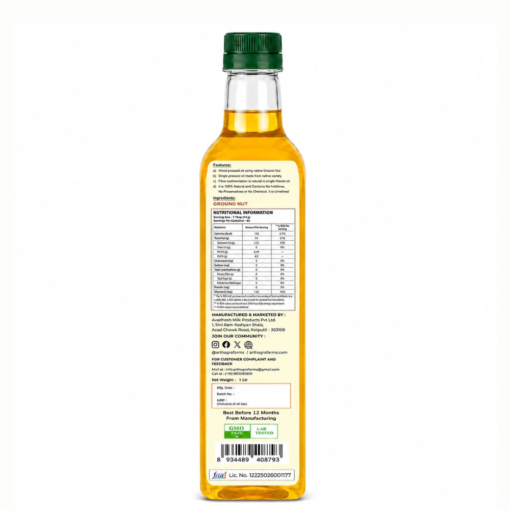 Bottle of oil with nutritional information label on a white background