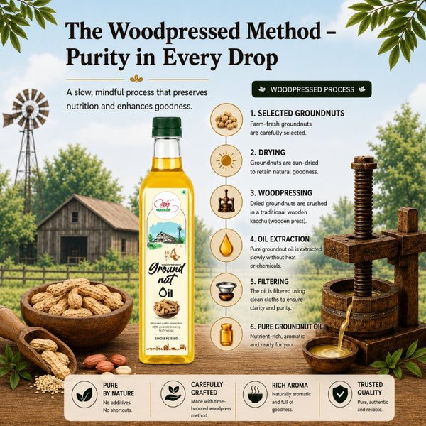 Infographic on the woodpressed method of groundnut oil production with a rural setting background.