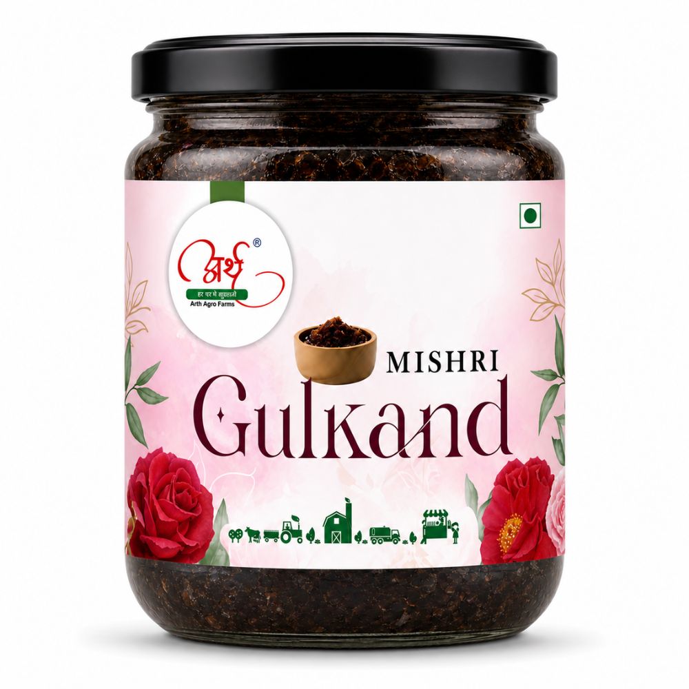 Jar of Mishri Gulkand with a pink label featuring roses on a white background