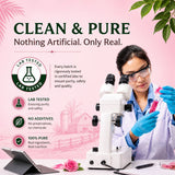 Person in a lab setting with a microscope, surrounded by text about purity and lab testing on a pink background.
