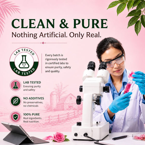 Person in a lab setting with a microscope, surrounded by text about purity and lab testing on a pink background.