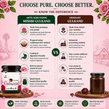 Comparison chart between Arth Agro Farms Mishri Gulkand and ordinary gulkand on a pink background with roses.