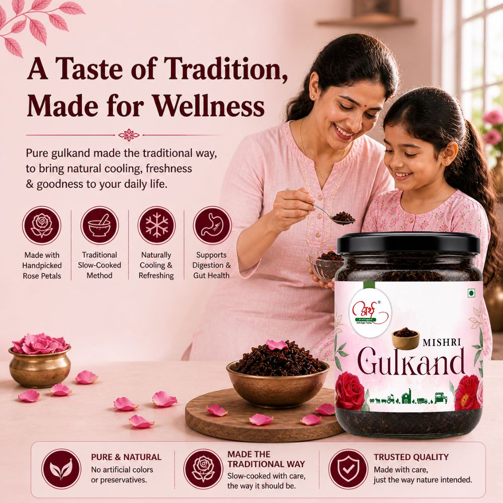 Woman and child with a jar of Mishri Gulkand, emphasizing traditional wellness.