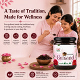 Woman and child with a jar of Mishri Gulkand, emphasizing traditional wellness.