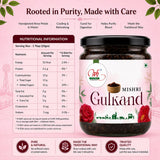 Jar of Mishri Gulkand with nutritional information on a pink background