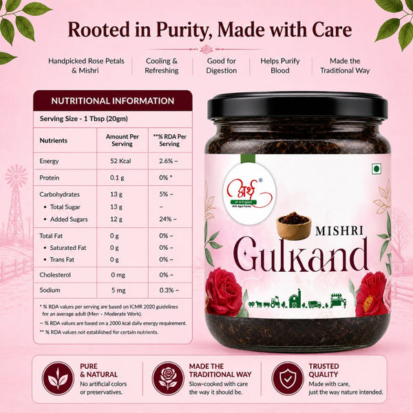 Jar of Mishri Gulkand with nutritional information on a pink background