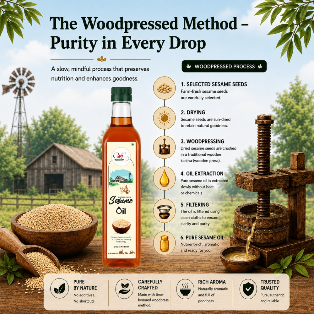 Infographic about woodpressed sesame oil with a bottle, seeds, and press on a wooden table.