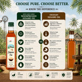 Comparison chart between Arth Agro Farms woodpressed sesame oil and ordinary sesame oil with a scenic background.