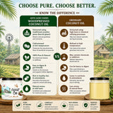 Comparison chart between Arth Agro Farms woodpressed coconut oil and ordinary coconut oil with visual elements of a farm and coconut oil containers.