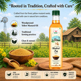 Bottle of mustard oil with mustard seeds and a farm background, emphasizing traditional and care-based production.