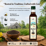 Bottle of black mustard oil with a rustic background featuring seeds and a windmill.