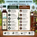 Comparison chart between Arth Agro Farms woodpressed black mustard oil and ordinary black mustard oil on a scenic background.