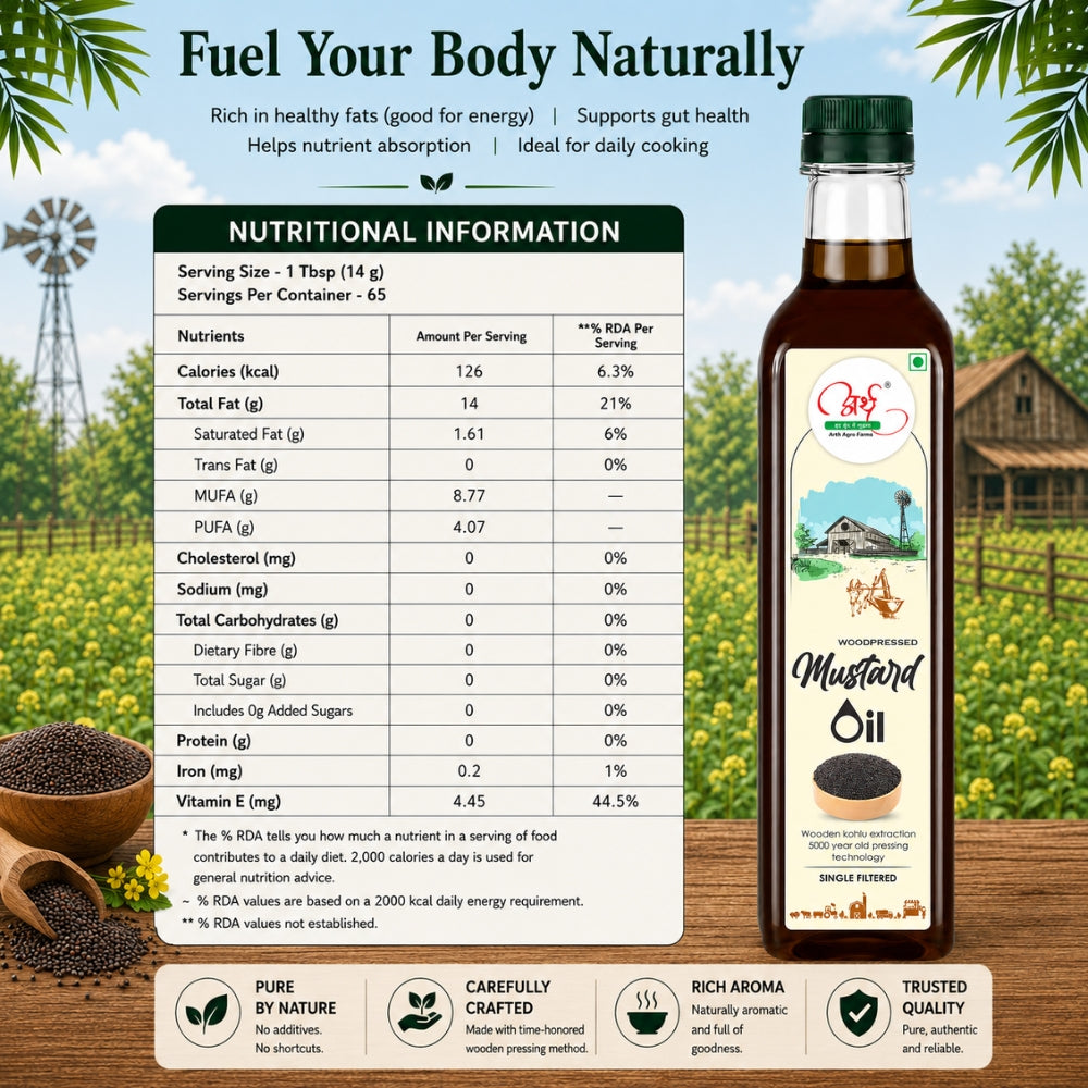 Mustard oil bottle with nutritional information panel on a natural background