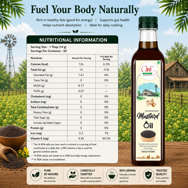 Mustard oil bottle with nutritional information panel on a natural background
