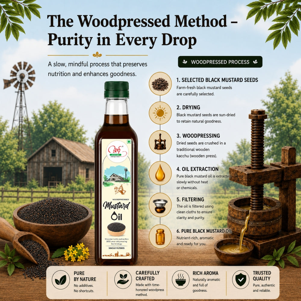 Mustard oil bottle with woodpressed method process on a scenic background
