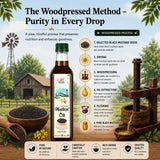 Mustard oil bottle with woodpressed method process on a scenic background