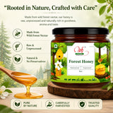 Jar of Forest Honey with nature-themed design and text about its qualities.