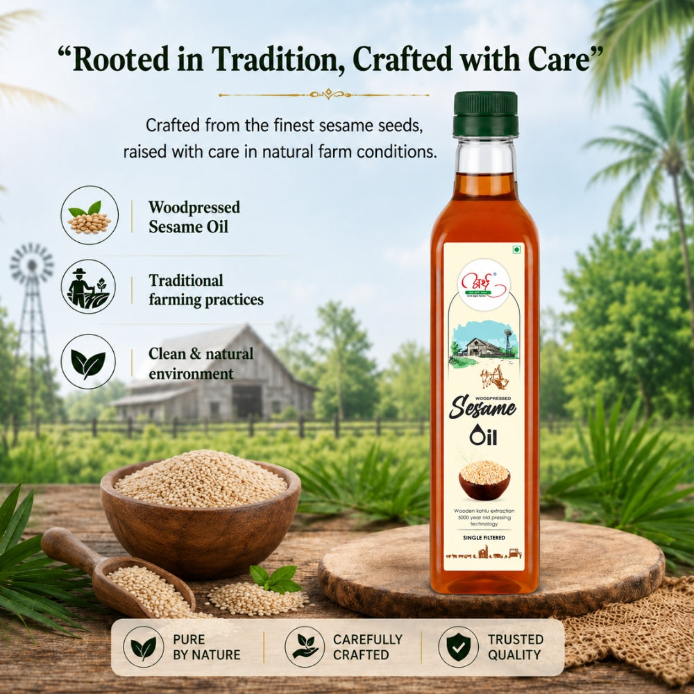 Sesame oil bottle with sesame seeds on a wooden surface, nature background